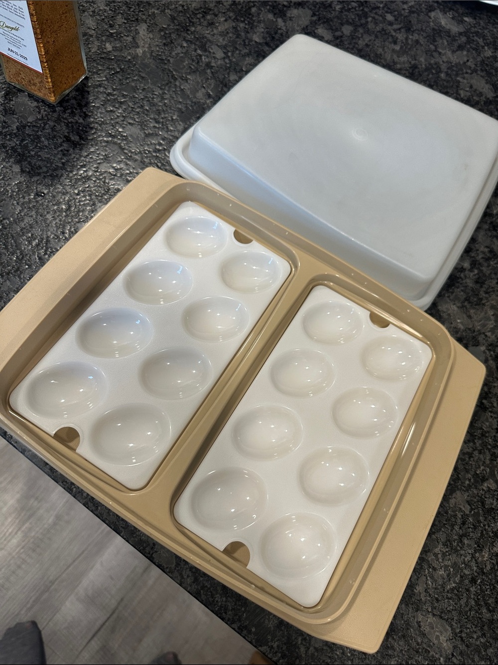 Tupperware Beige Egg Organizer with White Trays and Lid
